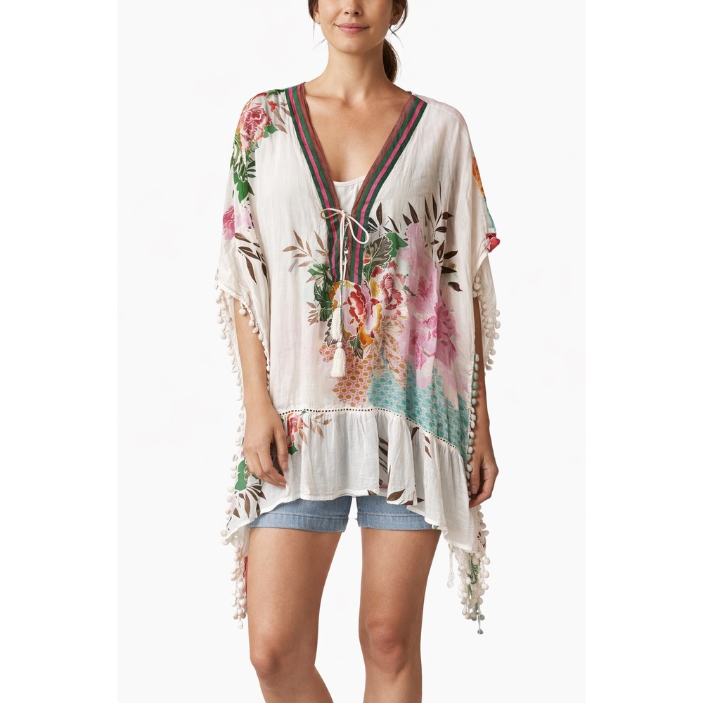 Z&L Boho Kaftan Cover Up Dress Floral Print White Pink Green Tassels Large